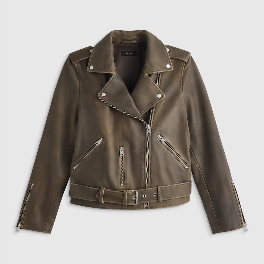 NWT Quince 100% Leather Motorcycle Jacket, slim cropped fit in distressed brown